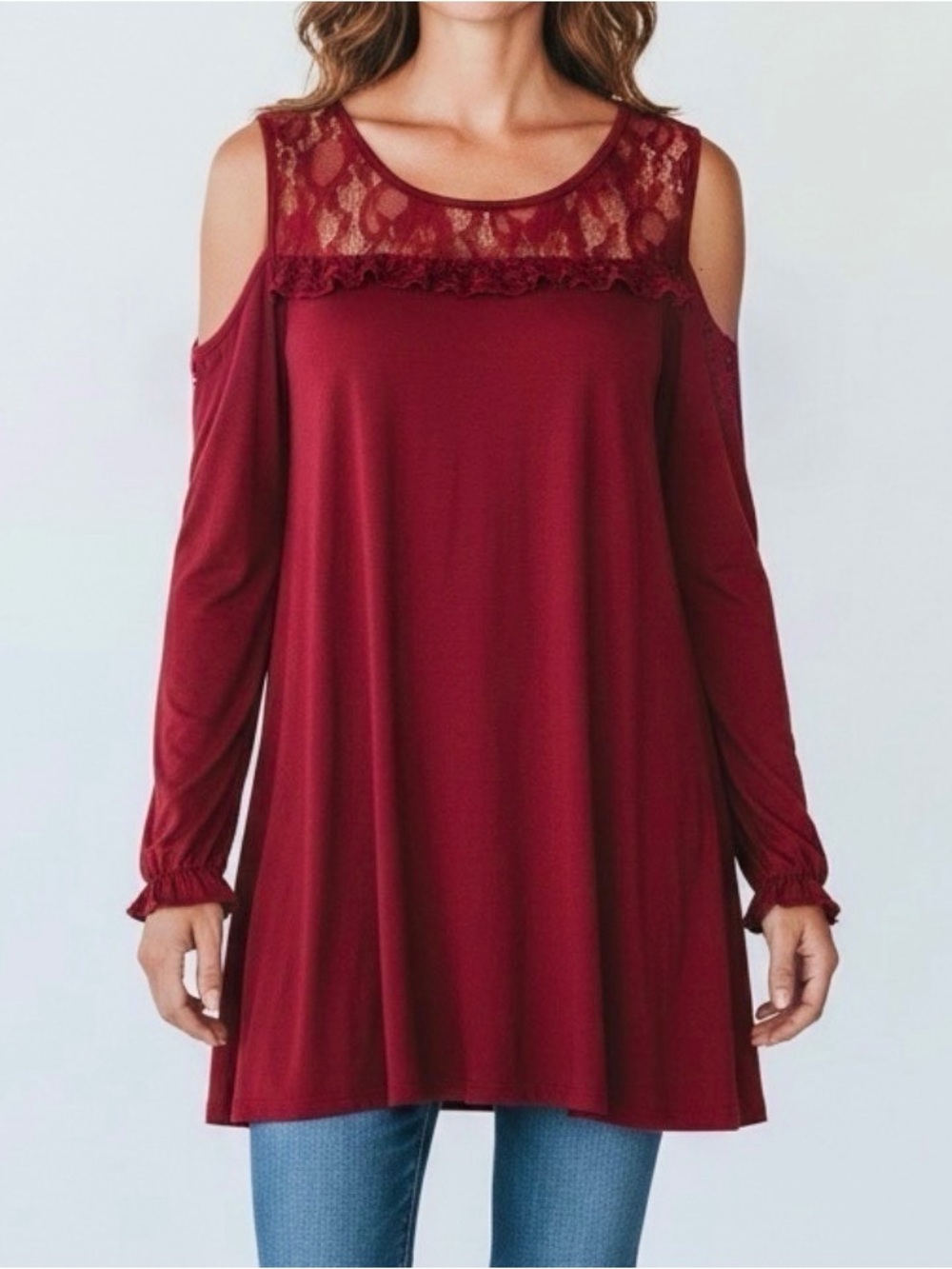 Red Lace Long Sleeve Cold Shoulder Swing Tunic Top